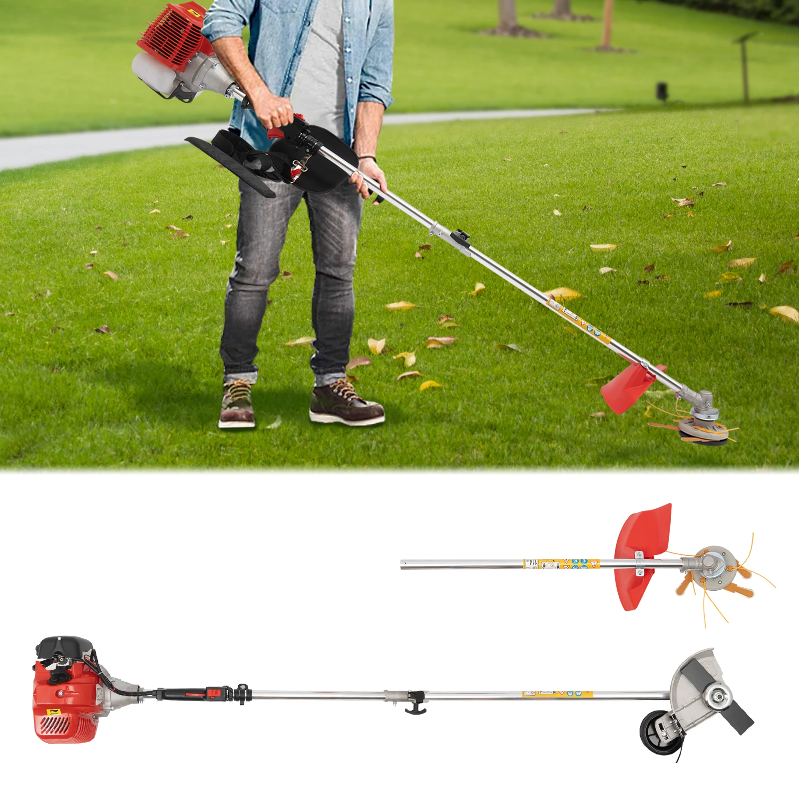 Bymaocar 43cc 2 Stroke Lawn Trimming Machine Gas Push Lawn Mower Cordless Handheld Edger with Adjustable Handle Easy Assembly Quick Lock Structure PP Aluminum Manganese Steel Nylon Durable Anti Rust