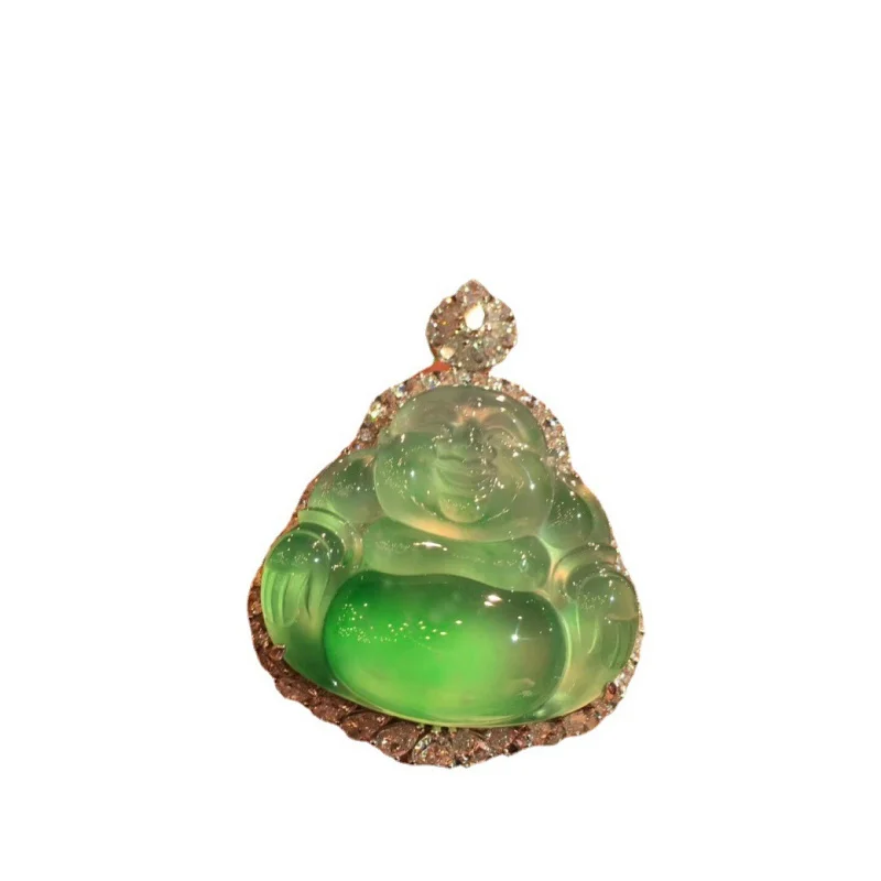 Natural Full Green Ice-like Jadeite Jade Buddha Pendant 18K Gold Inlaid