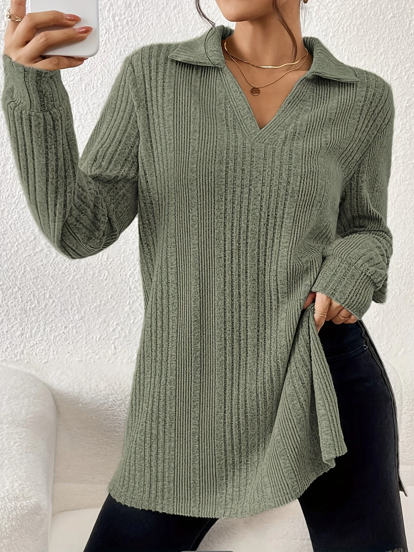 تي شيرت UNIKTEE نسائي طويل الأكمام ورقبة على شكل حرف V أنيق عادي للمكتب للسيدات لخريف وشتاء مناسب بشكل منتظم #4