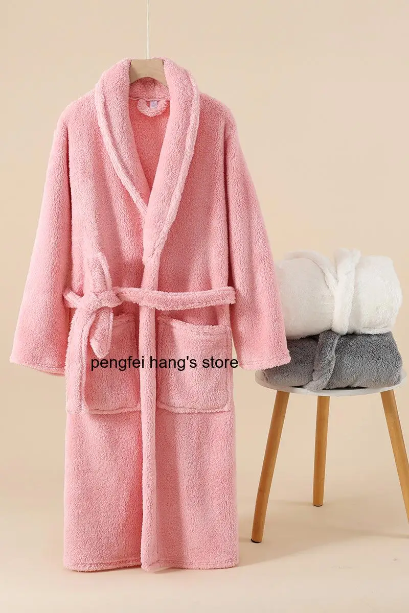 Unisex Winter Thickened Kimono Bathrobe Solid Color Belted Long Dressing Gown Warm Loungewear Sleepwear for Men Women