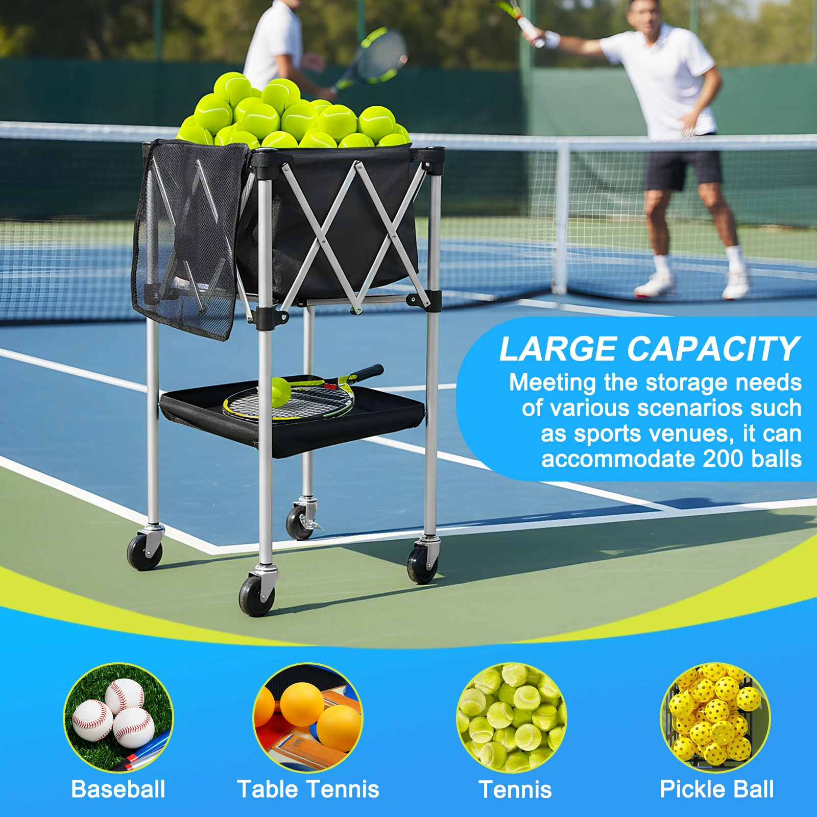 

Portable Pickleball Baseball Hopper Basket Foldable Tennis & Pickleball Hopper with Wheels with Storage Bag for Serve Training