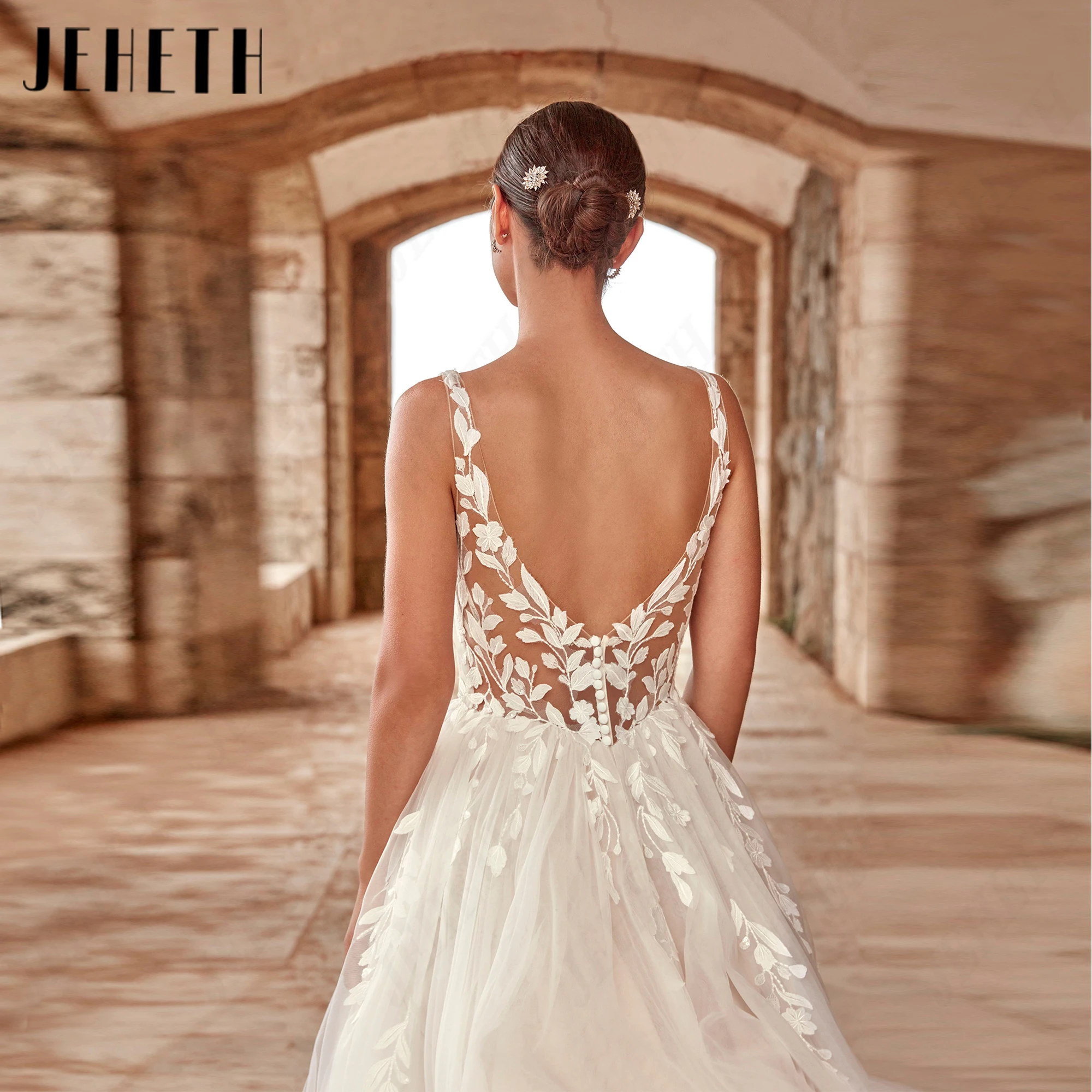 JEHETH Spaghetti Straps Personalized Lace Bridal Gown High Side Split Sweep Train Beach Wedding Dresses Elegant Backless Bride