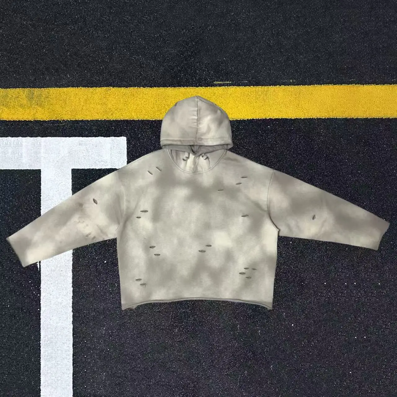 Retro American Men's Hoodie Irregular Hole Washed Cotton Long Sleeve Sweatshirt with Fur  Warm Casual Style for Autumn