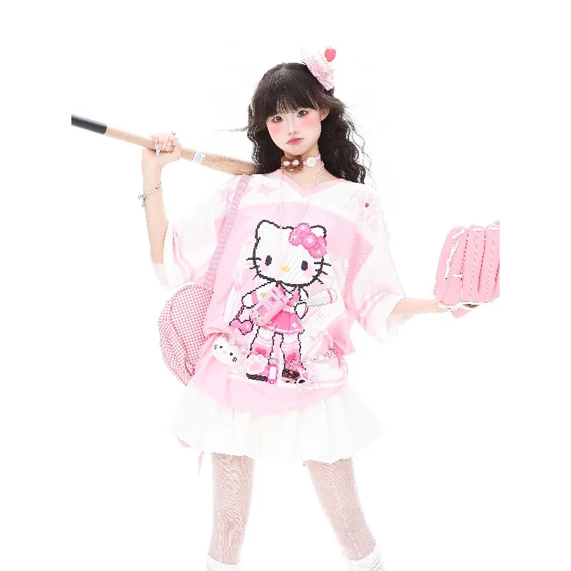 

New Pink V-neck Jersey, Quick Drying Short Sleeved T-shirt, Women's Summer 3D Printed HelloKitty Top