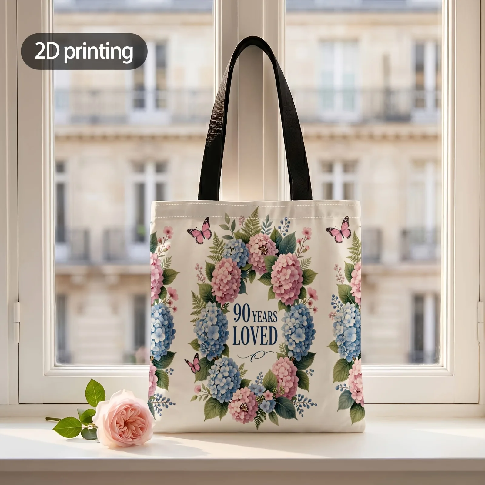2D Printed Handbag with A Century of Love Blooms Pattern, Reusable Fashion Shoulder Bag Shopping Tote Bag Suitable for Shopping