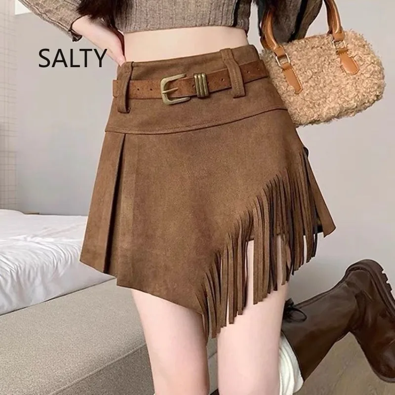 2026 Vintage Tassel Trim High Waist A-Line Skirt for Woman Suede Fabric Asymmetrical Design Casual Everyday Short Skirt Women