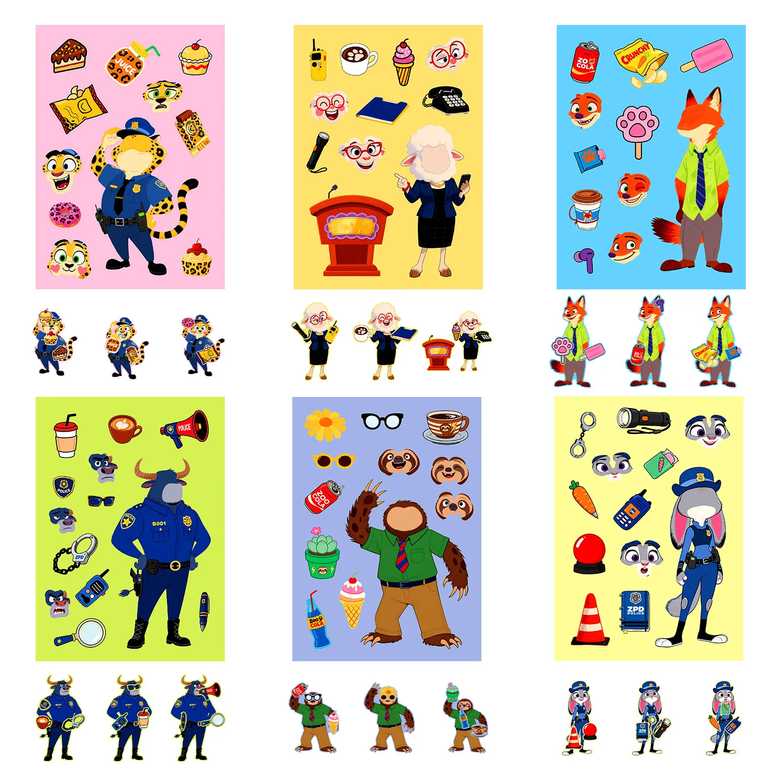 6/12 Pcs Animal Puzzle Make A Face Stickers Cow Officer Sheep Mayor Sloth for Stationery Box Pen Holder Notebook Suitcase Decals