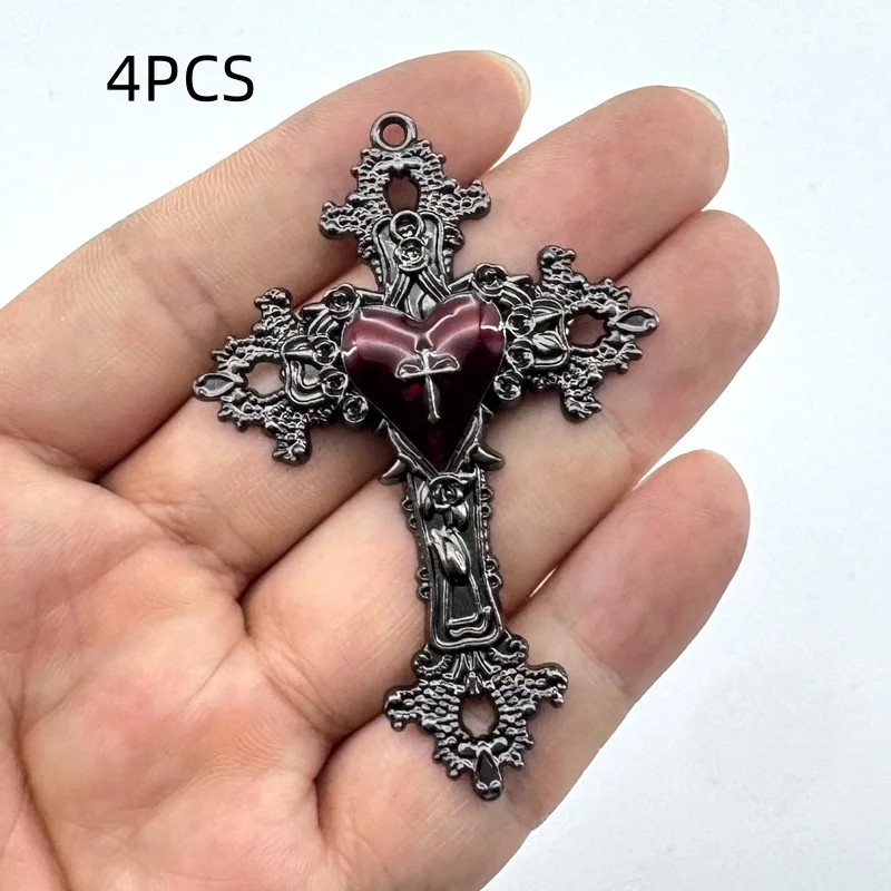 4PCS Retro Gothic Personalized Rose Cross Heart Pendant Spicy Girl Retro Punk DIY Jewelry Accessories