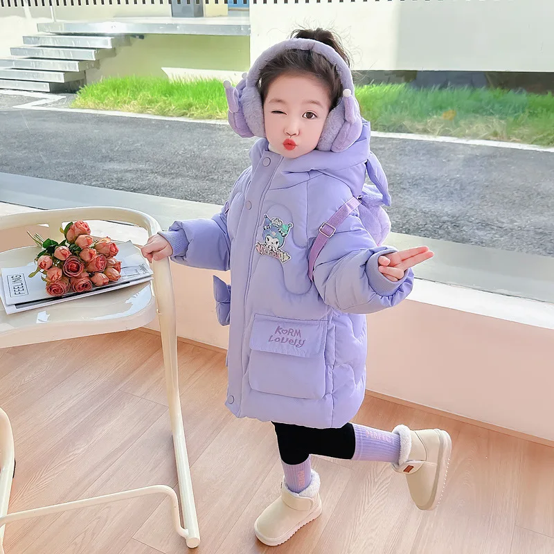 Sanrios Kuromi Girls Kuromi Two-Color Backpack Plus Velvet Cotton Coat Mid-Length Coat Baby Thickened Cartoon Coat Hooded Jacket