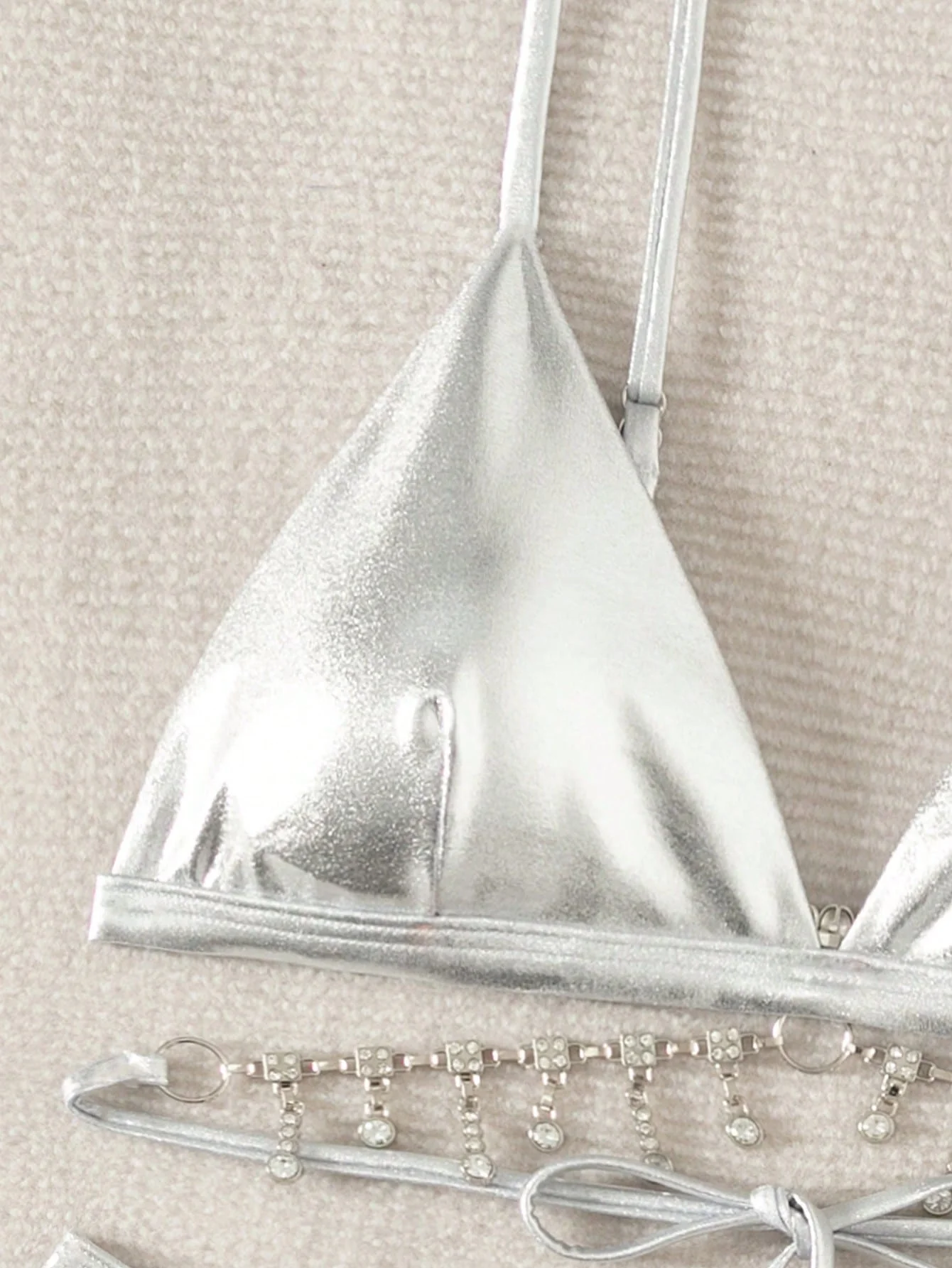 Women Sparkle Glitter Swimwear Sequin Bikini Shiny String Bra Sexy Swimsuit Rhinestone Decor Silver Metallic Bikini Swimwear Set