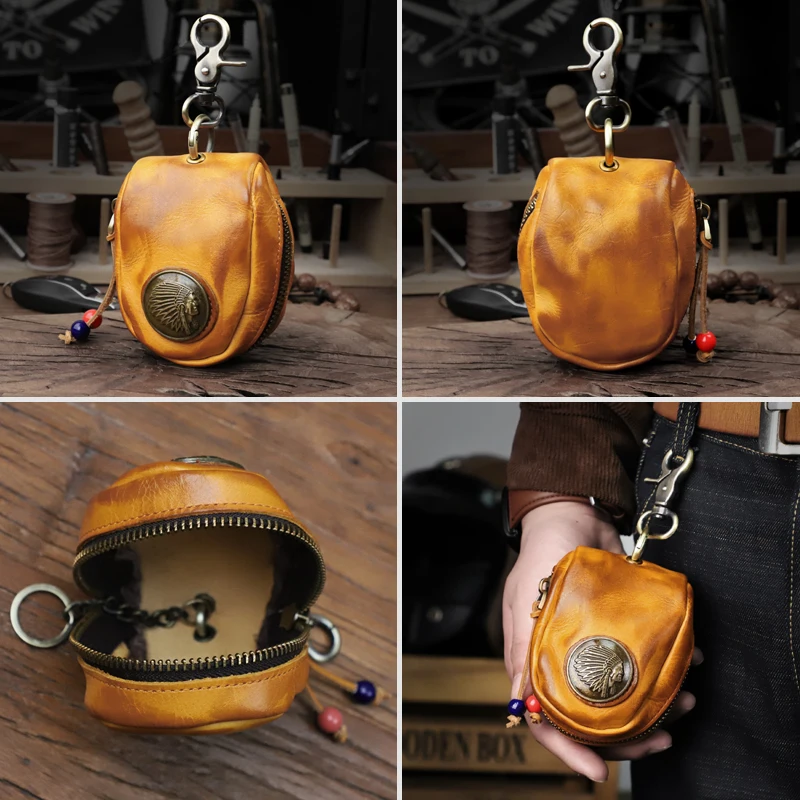 Handmade Genuine Leather Smart Key Bag Small Mini Zipper Housekeeper Key Coin Purse Portable Organizer Bag Money Bag