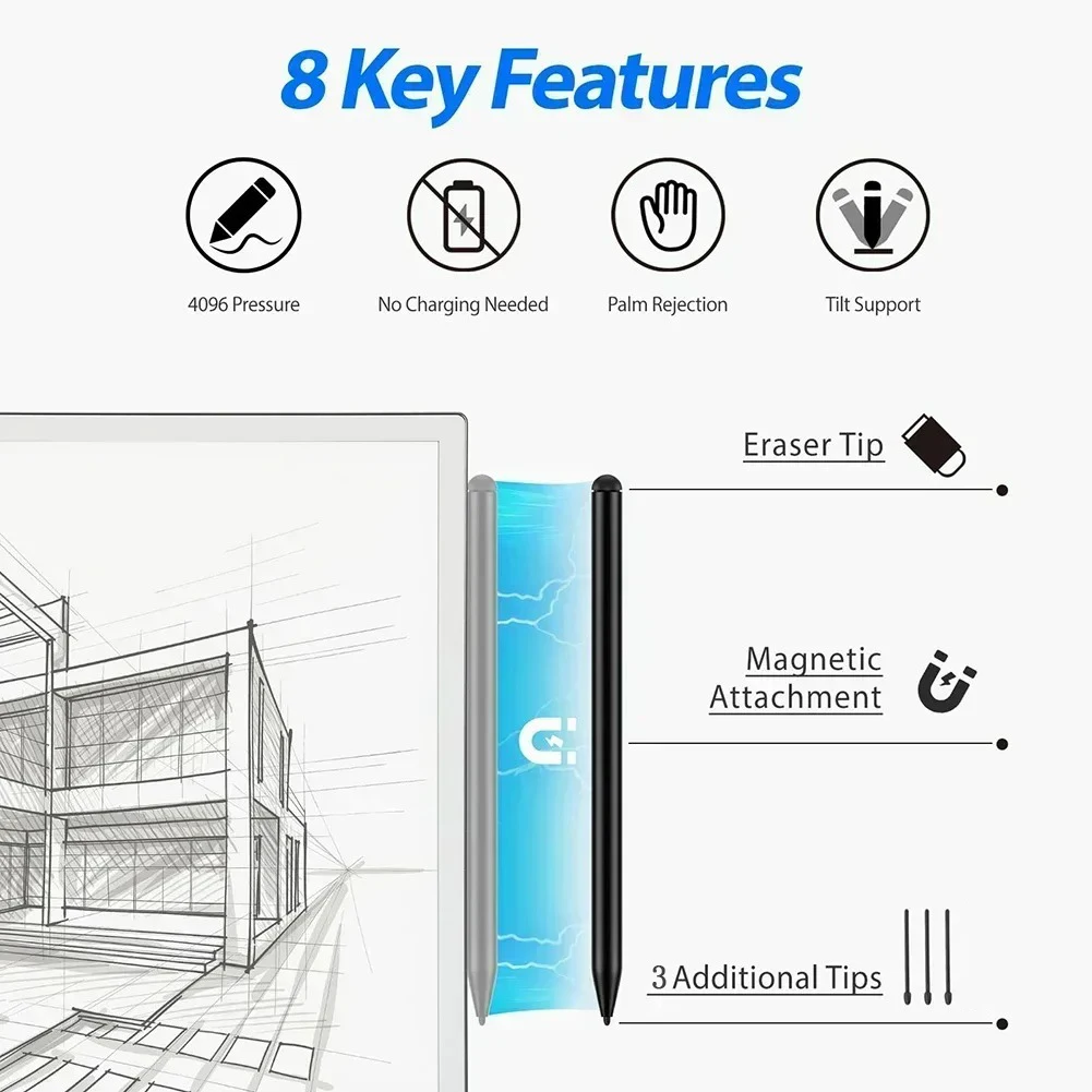 2026 Stylus Pen for ReMarkable 2 For Samsung BOOX 4096 Pressure Sensitivity Eraser Palm Rejection Tilt Sensing for Kindle Scribe view 5