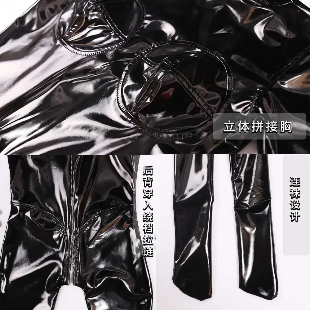 Body moldeador de cuerpo negro con espejo para mujer, mono todo incluido, mono elástico ajustado de piel sintética de PVC con cremallera, monos con entrepierna abierta