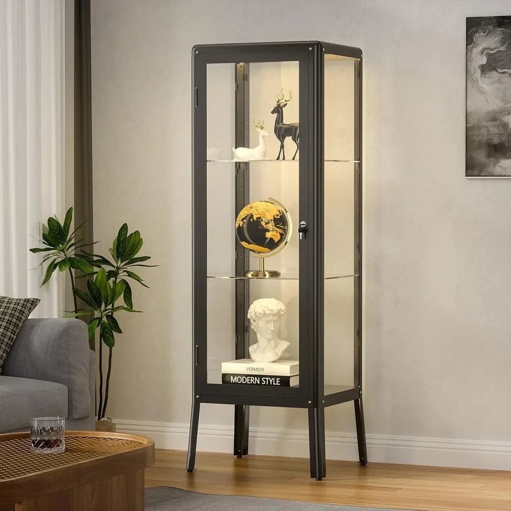 

Glass Display Cabinet With Adjustable 3-Shelf Shelves, Lock And Door, Dust-Proof, LED Light, 59.1" X 19.7" X 15.8" - Dark Gray|