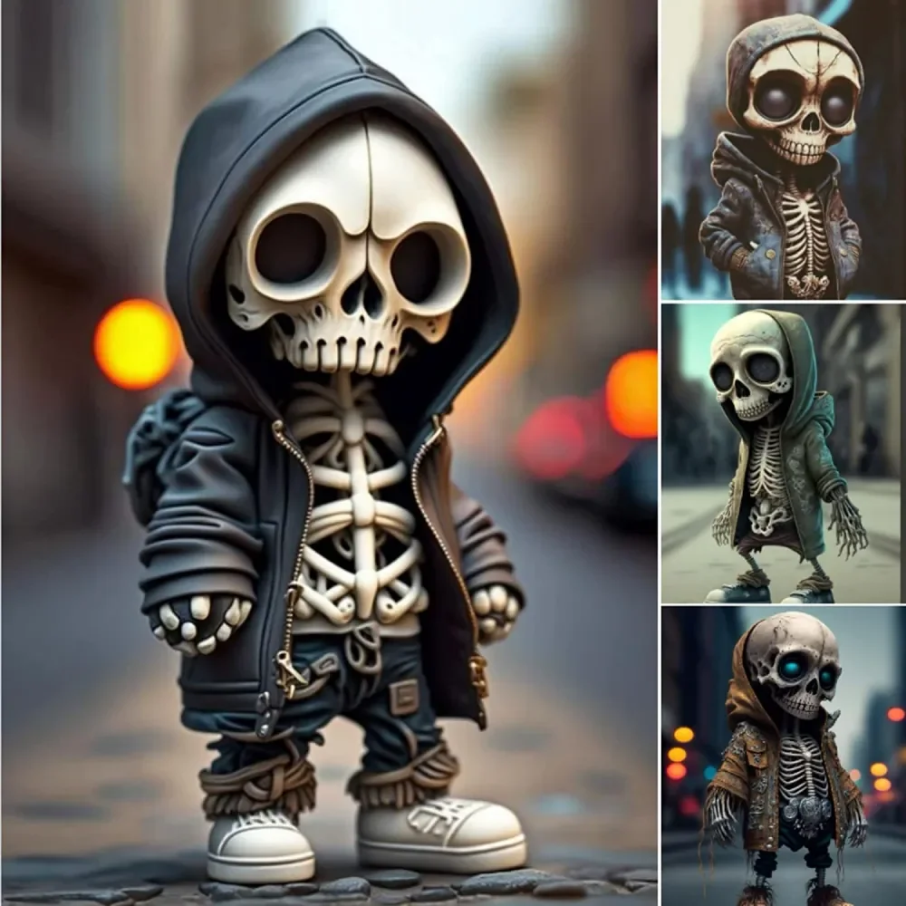 2024 2D New Cool Skeleton Figurines Halloween Black Skull Statue Doll Resin Decoration Car Pendant,Best Present for Friends