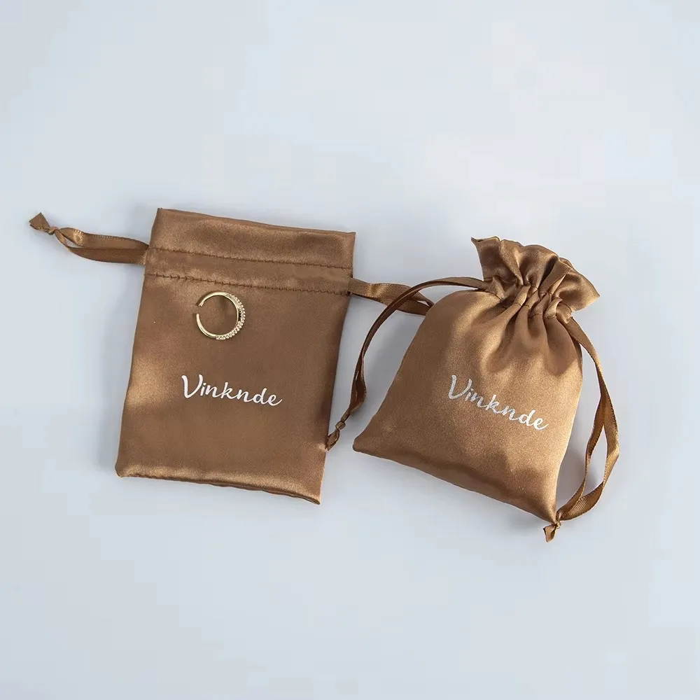 

100pcs/lot Custom Logo Drawstring Satin Silk Bag Pouches Drawstring Rings Jewelry Packaging Bag Wedding Favor Gift Storage Bags