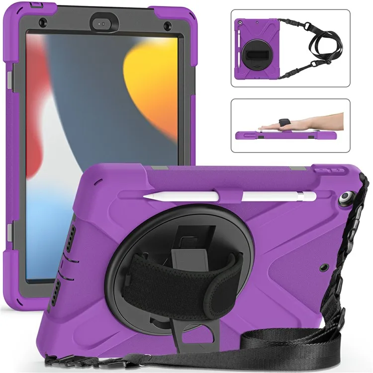 

Hand Band Strap Design Tablet Cover with 360 Degree Swivel Kickstand & Shoulder Strap for iPad 10.2 (2021)/(2020)/(2019) - P