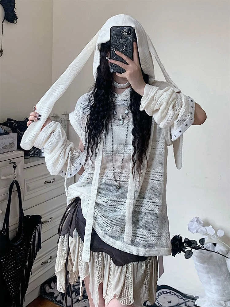 Women White Hooded Sweatshirt Streetwear Vintage Aesthetic 2000s Harajuku Korean Y2k Hoodies Pullover Top Trashy Clothes Autumn