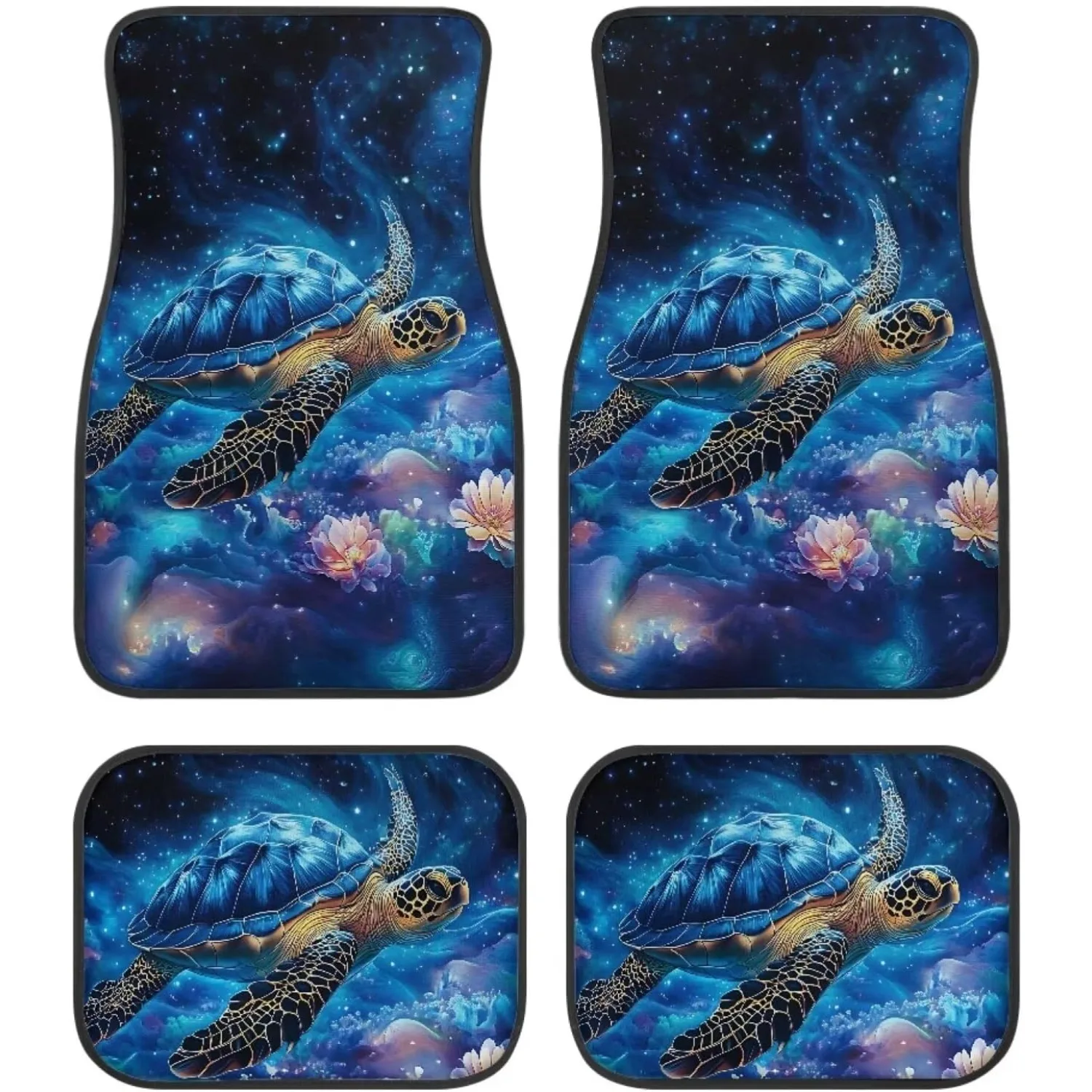 Galaxy Turtle Peony Print Floor Mats For Cars Anti-Slip Floormat Covers 4pcs Set All-Weather Mats Auto Protection Fit For Sedan