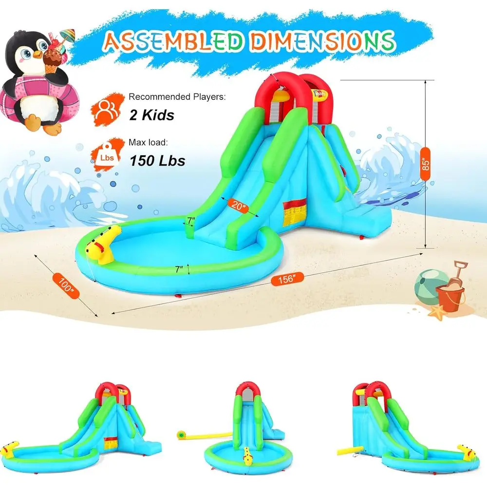 สวนน้ำเป่าลมรูปเพนกวินพร้อมที่ปีนป่าย สไลเดอร์ สระน้ำ และเครื่องพ่นน้ำสำหรับความสนุกสนานในสวนหลังบ้าน