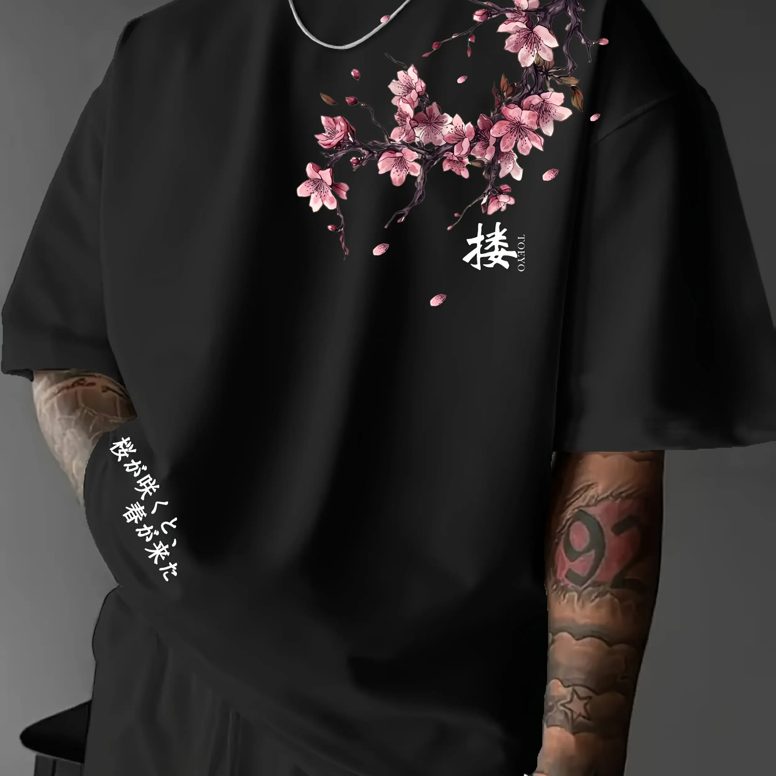 Summer Men's Printed T-Shirt with Japanese Cherry Blossom Branch Pattern 100% Cotton Loose Fit Outdoor Sports Streetwear