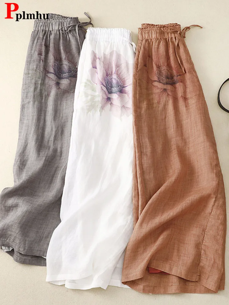 Print Cotton Linen Wide Leg Pants Vintage Elastic High Waist Straight Sweatpants Casual Baggy Trousers Ankle-length Spodnie New