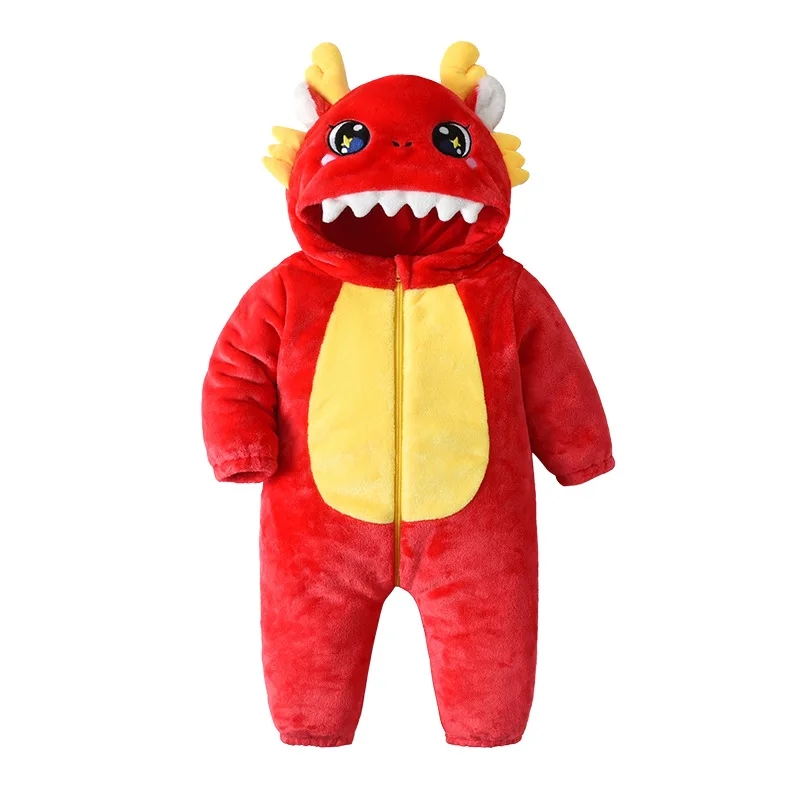 2024 New Cartoon Chinese Dragon Baby Rompers Winter Hooded Flannel Toddler Infant Clothes Bodysuits Jumpsuit Costume Halloween