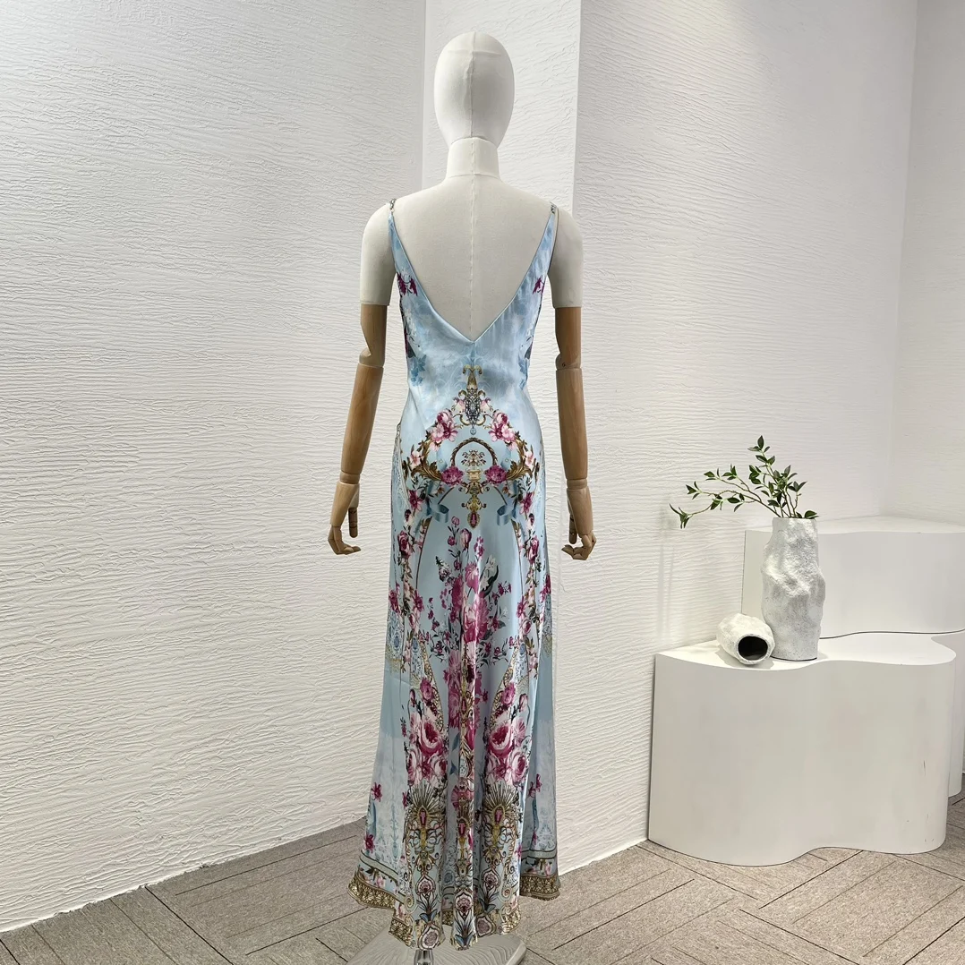 2024 Summer Newest Sky Blue Floral Print Deep V-neck Sleeveless Sling Backless Slim Midi Dress for Women