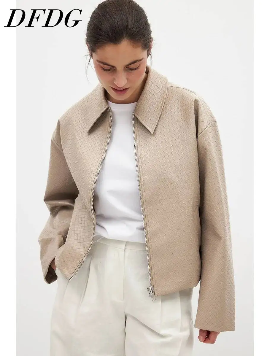 DFDG Women 2026 Spring Autumn Faux Leather Jacket Point Collar Grid Emboss Full Zip Drop Shoulder Oversized Cropped Outer Coat