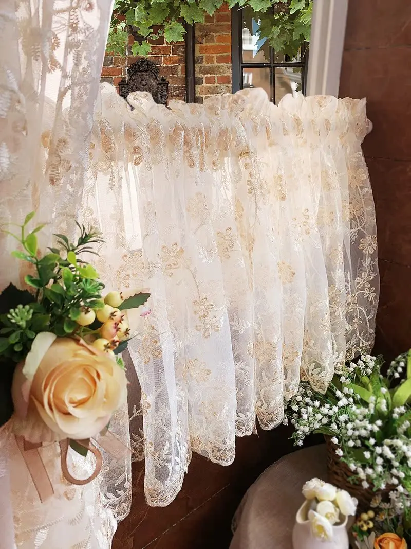 

Countryside | Lace Half Embroidery Curtains for Living dining room bedroom Fabric Cabinet Partition Pole Through Door Curtain