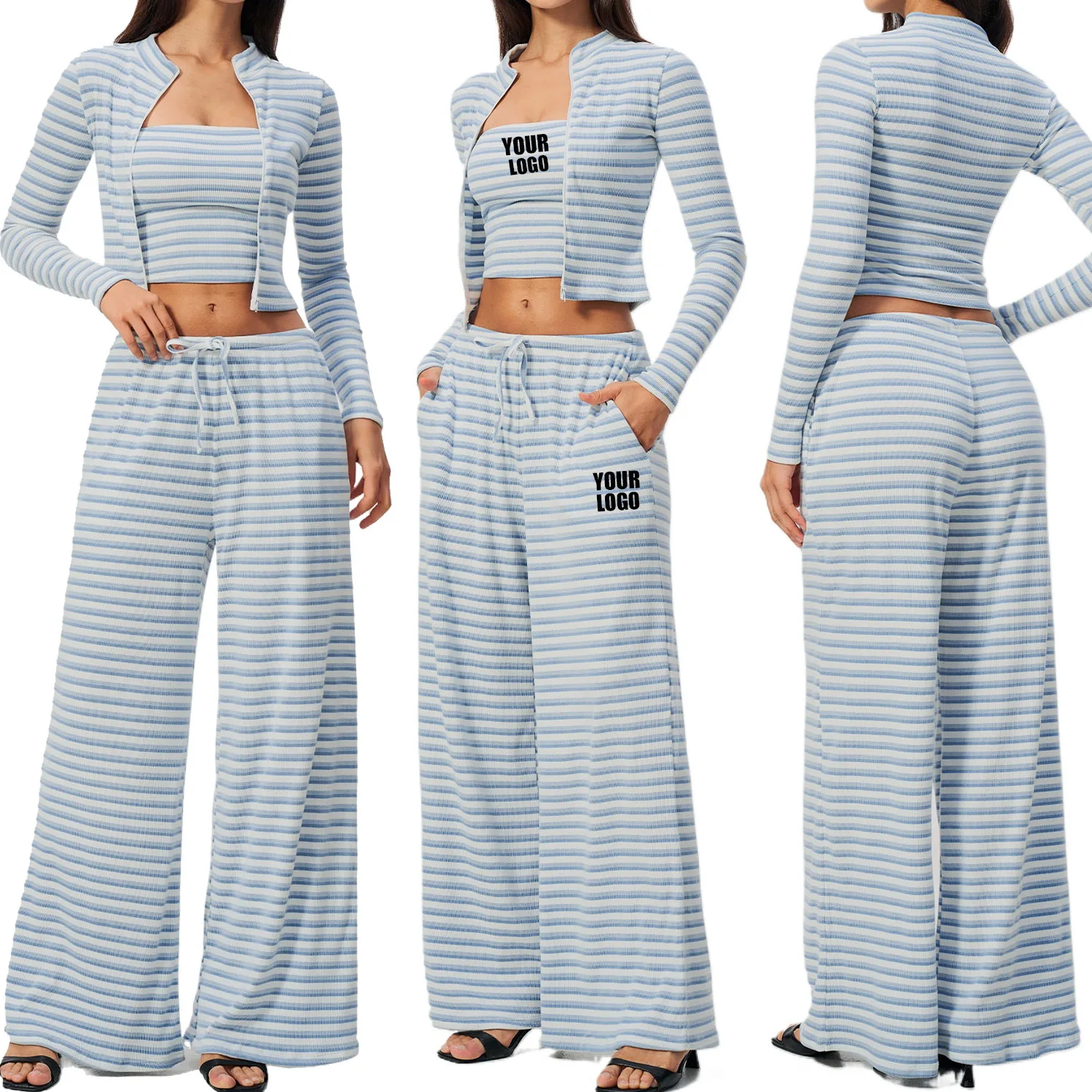 Personalized goods LOGO custom women's new yoga clothes striped running exercise fitness sports and leisure three-piece set