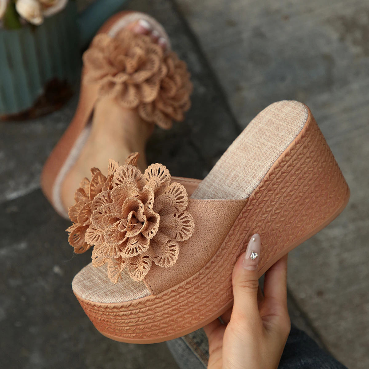 Wedges Sandals Women 2026 New Beach Platform Shoes Lightweight Flower Round Headed Shoes Solid Color Women High Heel Slippers