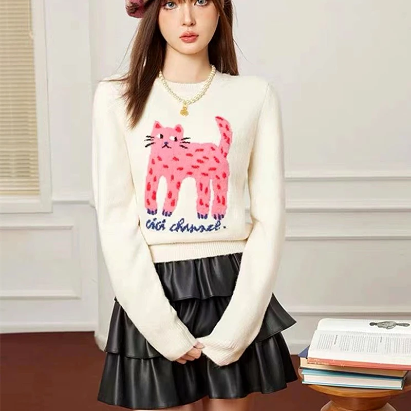 Cream Apricot Sexy Lady Sweater High Street Fashion Cute Pink Lovely Leopard Cat Embroidery Jersey Jumper Warm Winter Pullover