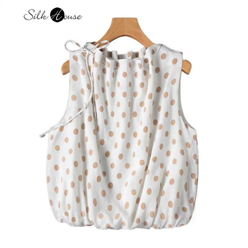 

Cocoon Shaped Modern Polka Dot 100% Natural Mulberry Silk Crepe De Chine Drawstring Collar Sleeveless Lining Women's Casual Vest