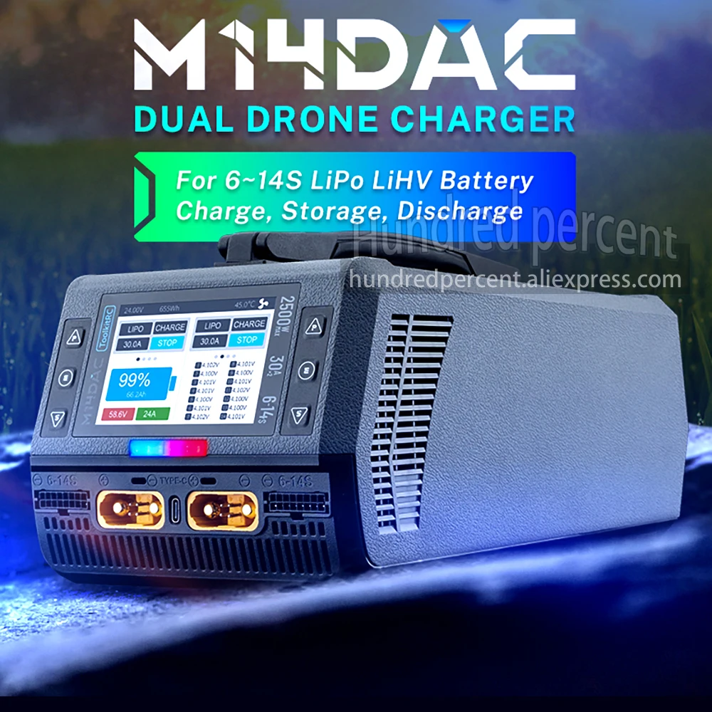 

НОВЫЙ зарядный блок ToolkitRC M14DAC для дронов, интеллектуальное управление 2 каналами 6-14S LiPo, AC 2500W, 50A или 30A*2, поддерживает умные аккумуляторы DroneCAN.