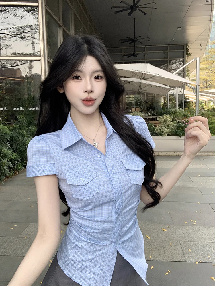 

MosesQueen Blue Striped Short Sleeve Shirt Women's Slim Fit Waist Cinched Versatile Summer Top Cotton Blend Neck