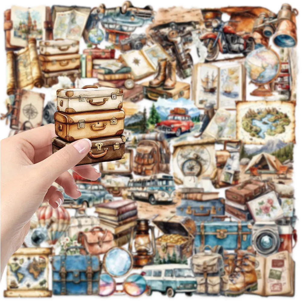 10/30/50pcs Vintage Outdoor Hiking Camping Stickers Transparent Cartoon Travel Scenery Decals Diary Phone Luggage Sticker Pack