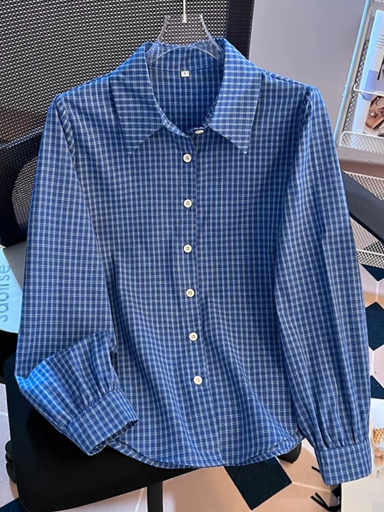 

Синий клетчатый длинный женский винтажный топ Sli, весенне-осенний дизайн, оригинальная смесь хлопка и полиэстера