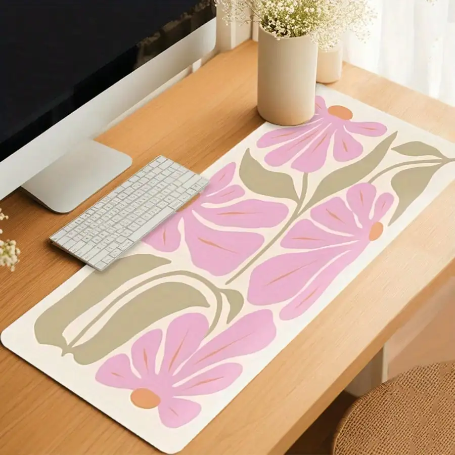 

1pc Extra Large Floral Mouse Pad - Elegant Pink And Beige Floral Design, XXL Rubber Desktop Mat, Stitched Edges, Suitable For Women, Artists And Gamers, Extended Gaming And Office Decor, Mouse Pad Accessory | Decorative Mouse Pad | Smooth Surface Pad
