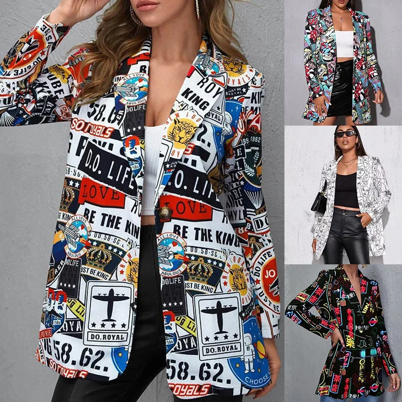 High Street Fashion Blazer Woman Print Long Sleeves Single Button Long Jackets Fall Winter Casual Female Slim  Blazers Clothing