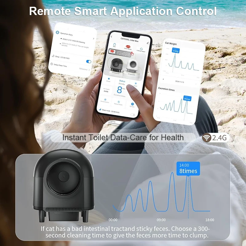 صندوق نفايات التنظيف الذاتي للتحكم التلقائي في التطبيق مع 10 صناديق فضلات القطط الكهربائية الذكية بمستشعر أمان