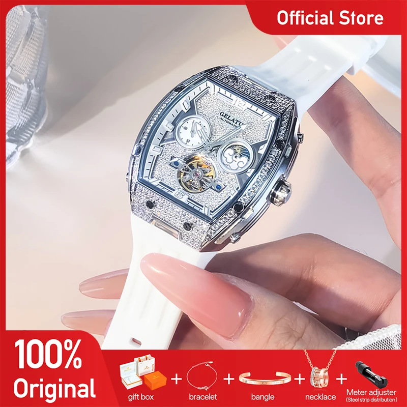 GELATU 6016 High Quality Ladies Watch Automatic Mechanical Watch Leather Strap Diamond Bezel Watches For Woman Box Gifts Luxury