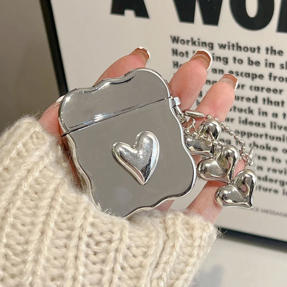 Luxury Electroplated Silver Heart Earphone Box For Apple Airpods Pro 2 Case for AirPods 1 2 3 Cover Simple Love Keychain funda