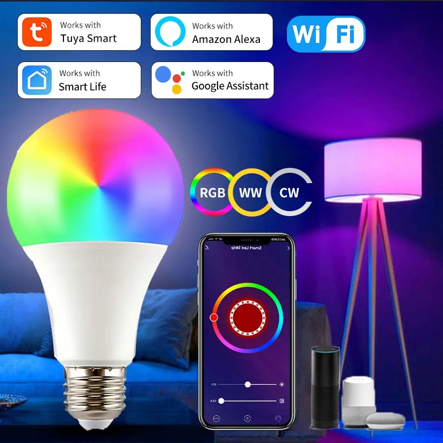 

E27 LED Bulb Tuya WiFi Smart Light Bulbs 220V 110V 10W 15W 20W Bombillas Smart Life APP Voice Control Support Alexa Google Home