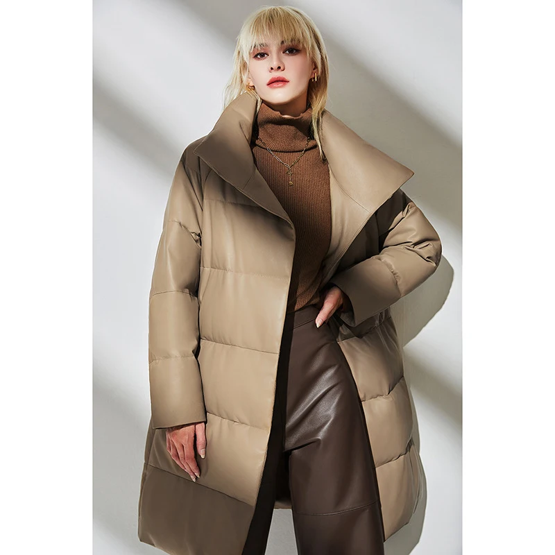 Julypalette 2023 Winter Genuine Leather 90% White Goose Down Coats Fashion Stand Collar Women Loose Mid Length Sheepskin Outwear