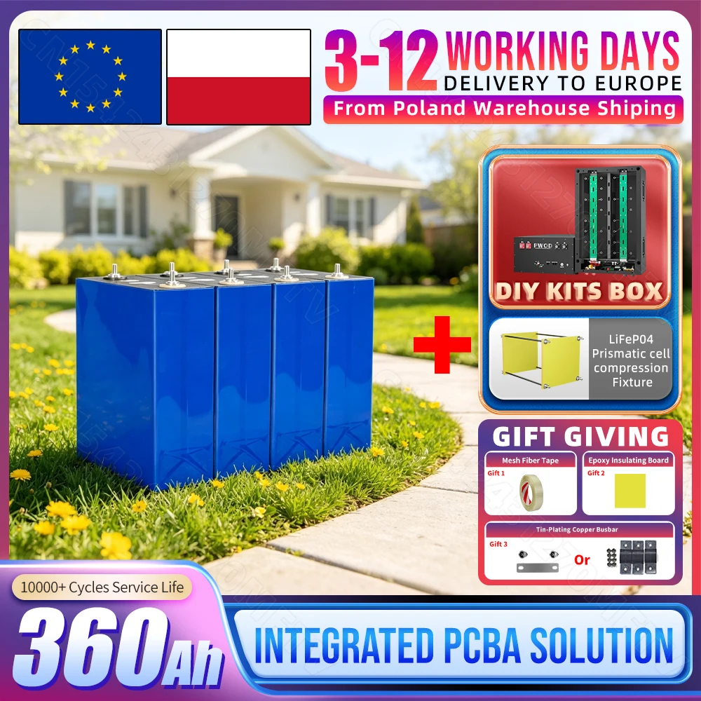10000+ Zyklen 3,2V 360Ah LiFePO4-Batterie mit DIY-Kits, Box oder Kompressionsgerät, LFP-Zelle DIY 12V 24V 48V für Wohnmobil, Golfwagen, Boot, Camping, Solar-Heimenergiespeichersystem