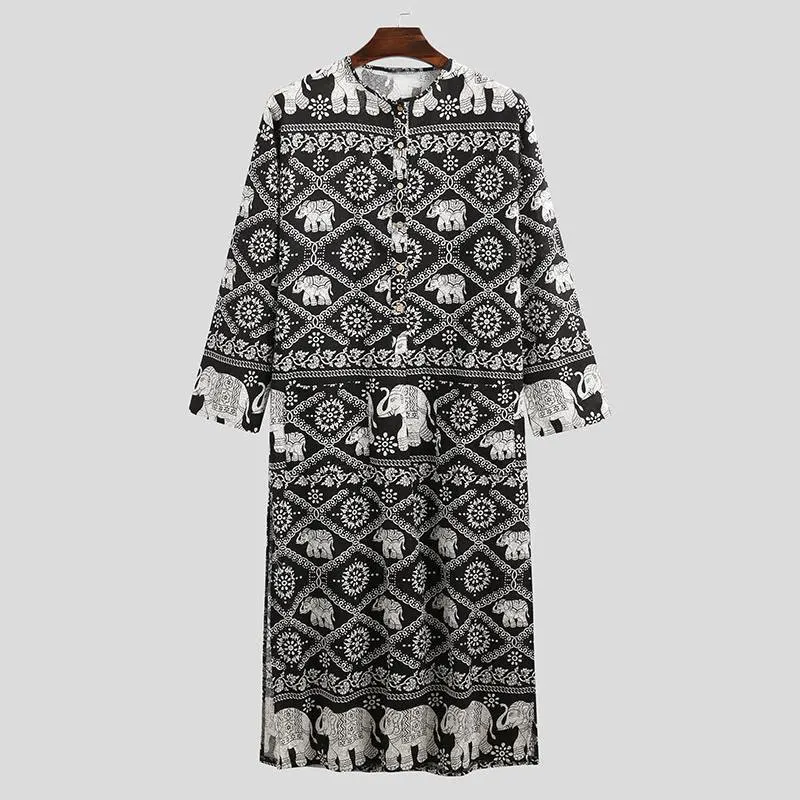 2022 Muslim Robe New Men\'s Casual Loose Oracle National Printed Long Nightgown In Europe and America Kaftan House Robe for Men