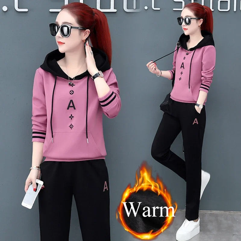 

Letter Printed Casual Two Piece Sets Women Winter Add Velvet Sweatshirts Suit Spliced Tops and Capris Jogging Femme Tracksuit