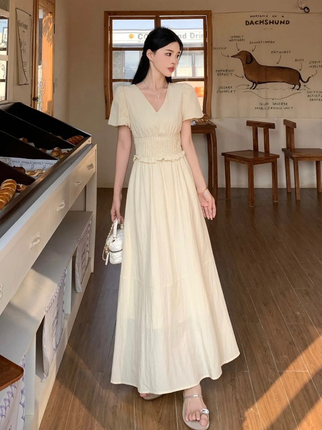 

plus Size Korean Style V-Neck Short Sleeve Dress High Waist Slimming Concealing Design Belted Long Dress Summer New Arrival