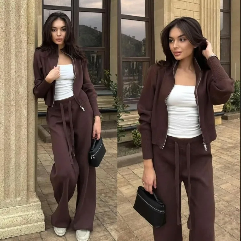 Women's Slim Fit Two-Piece Set Double-Opening Zipper Knitted Sweater And Lace-Up Pants Fashionable Casual Autumn Winter Outfit